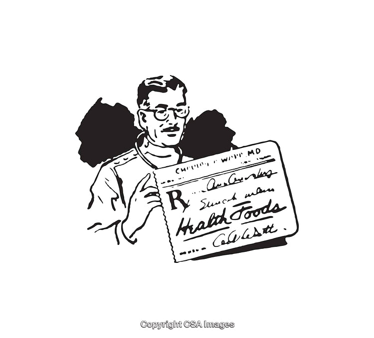 Black and White Doctor Illustration Holding Prescription Note for Health Foods