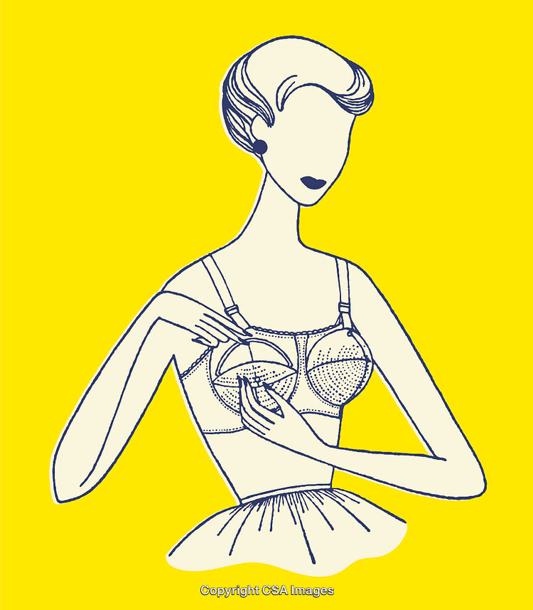 Retro Style Line Illustration of a Lady Adjusting a Bra on Yellow