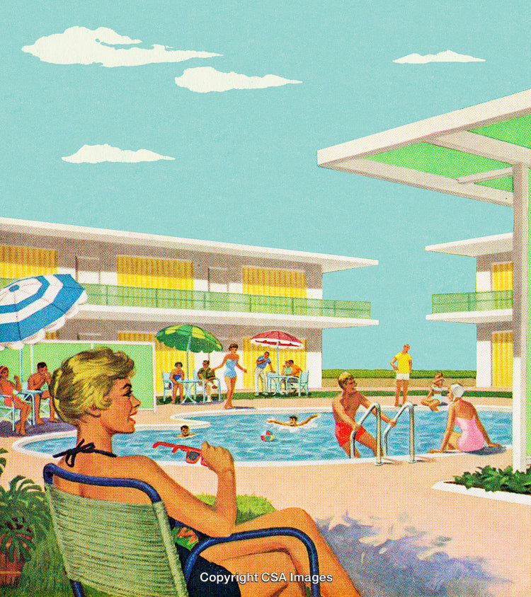 Vintage Poolside Scene With Relaxed People at a Classic Motel Setting
