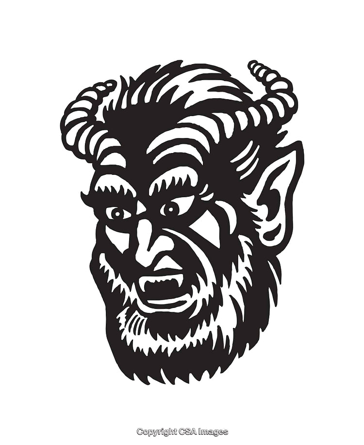 Black and White Illustration of a Mythical Horned Creature Face