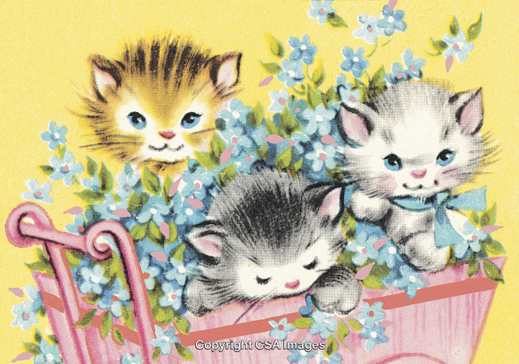 Charming Illustration of Playful Kittens Among Flowers in Vintage Style