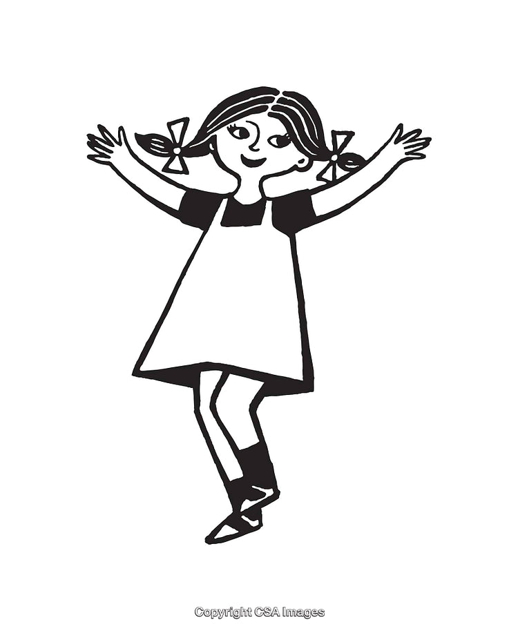 Black and White Line Art of a Happy Dancing Girl