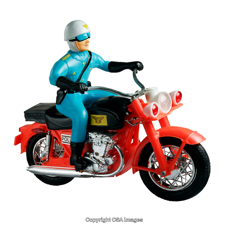 Plastic Police Officer Figure Riding a Red Motorcycle Toy