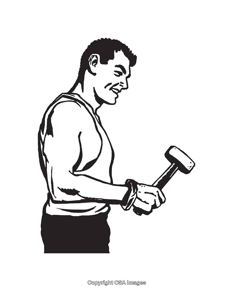 Black And White Line Art of a Man Holding a Hammer