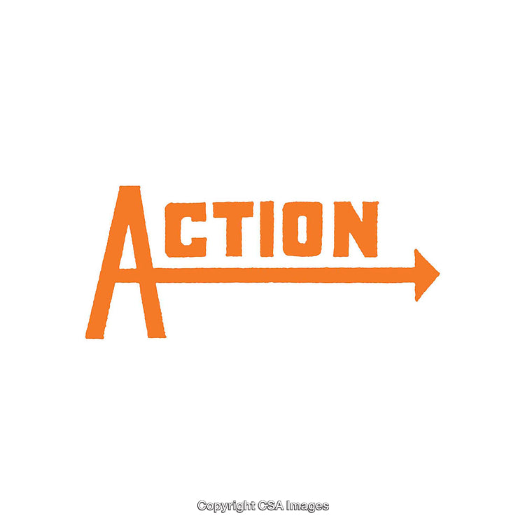 Orange Action Text with Arrow Symbol on White Background