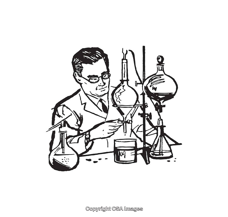 Black And White Illustration of Scientist Working With Laboratory Equipment