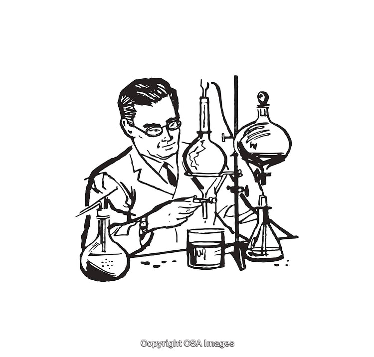Black And White Illustration of Scientist Working With Laboratory Equipment