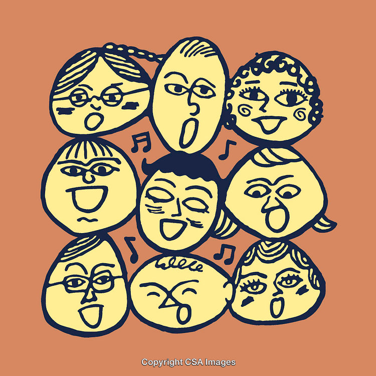 Colorful Line Art Illustration of Singing Faces with Musical Theme