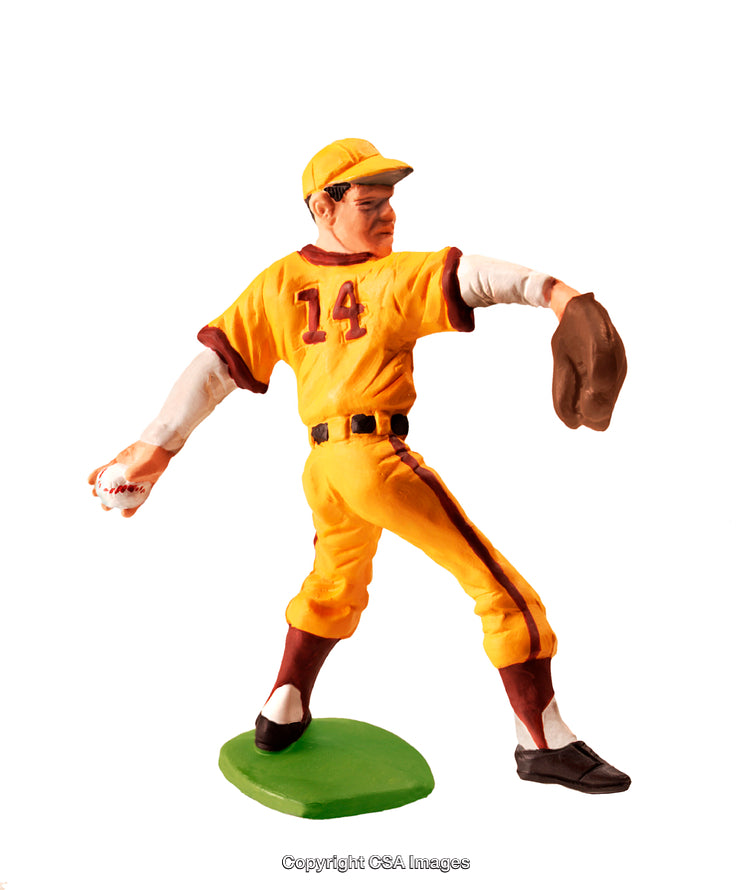 Miniature Baseball Player Figurine in Action Pose on White Background