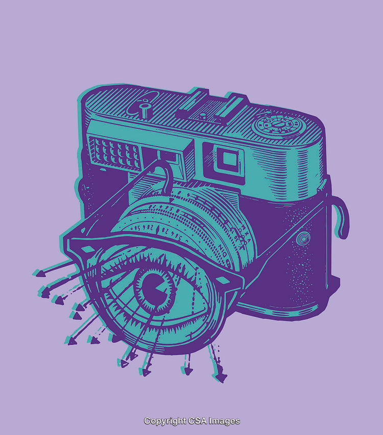 Surreal Camera Illustration Combining Technology and Human Eye in Purple Tones