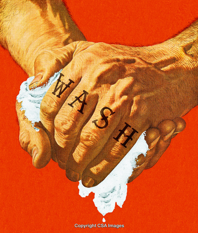 Hands Scrubbing with Foam Soap Against a Bright Red Background