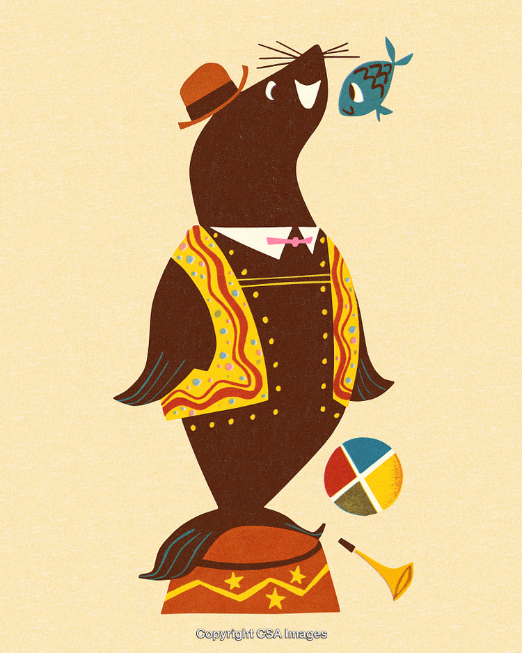 Stylized Illustration of Dressed Seal Balancing a Fish at Circus Performance