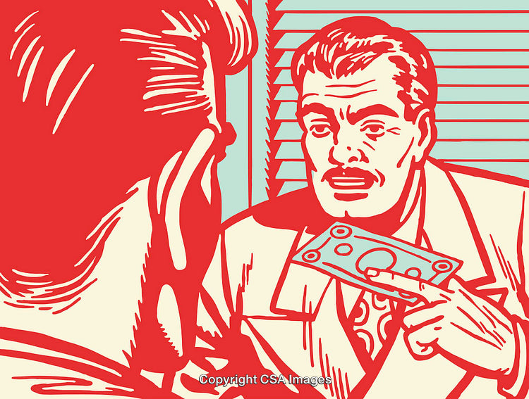 Retro Styled Illustration Depicting Business Interaction with Currency Exchange
