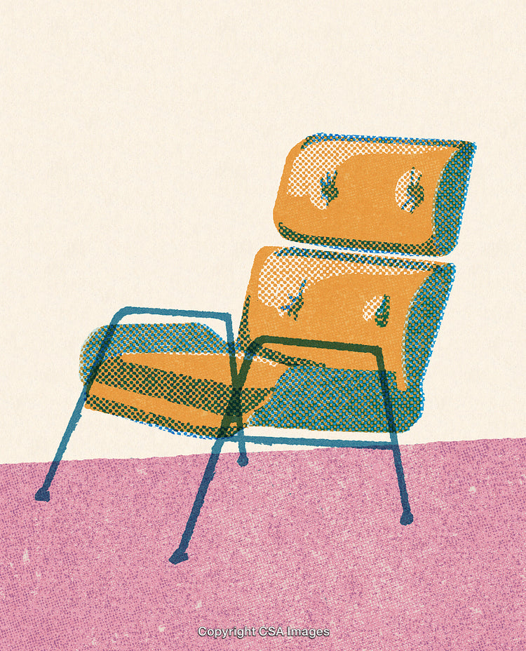 Stylized Halftone Illustration of a Vintage Chair in a Retro Setting