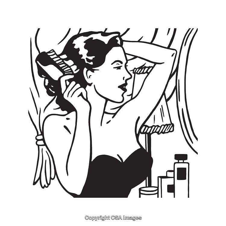 Vintage Line Art of a Woman Styling Her Hair