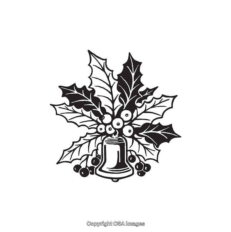 Black and White Line Art of Christmas Bell and Holly Leaves