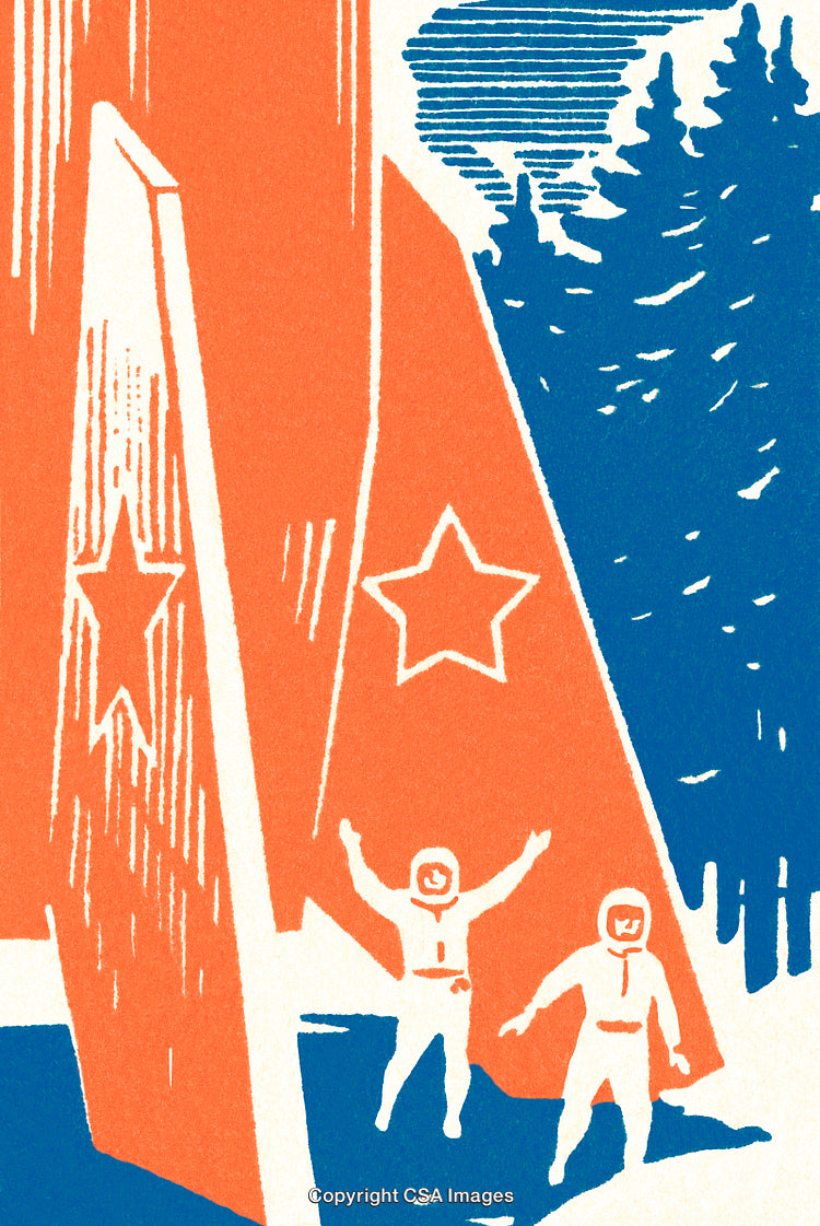 Retro Style Artwork Featuring Astronauts with Stylized Cosmic Motifs