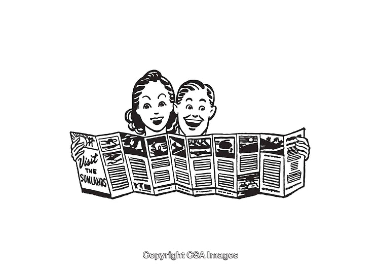 Retro Illustration of Happy Couple Reading a Travel Brochure