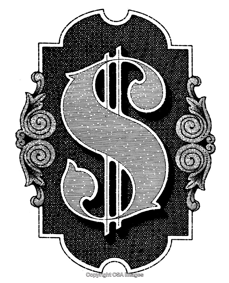 Intricate Black and White Engraving of a Stylized Dollar Symbol Decorated with Ornaments