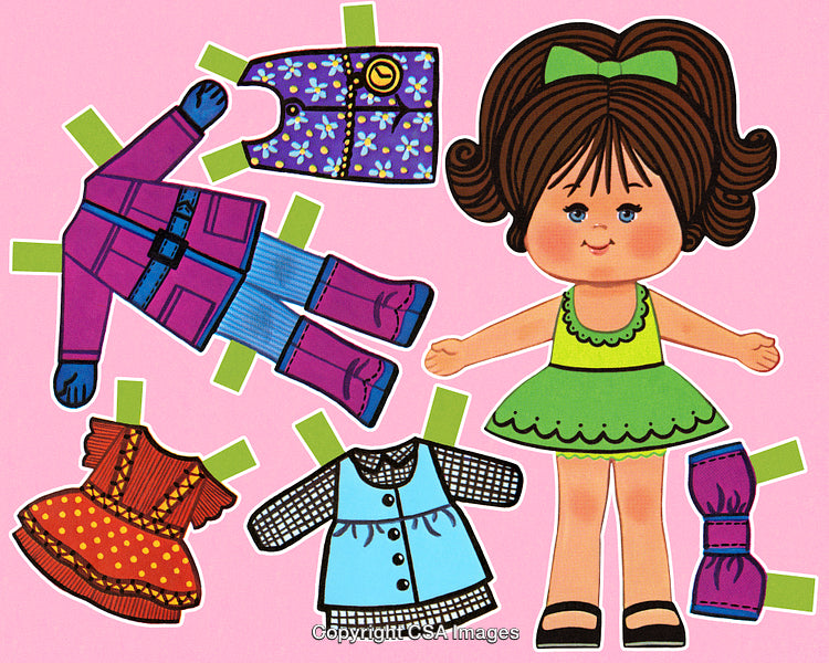Vintage Paper Doll with Outfits Displayed on Pink Background