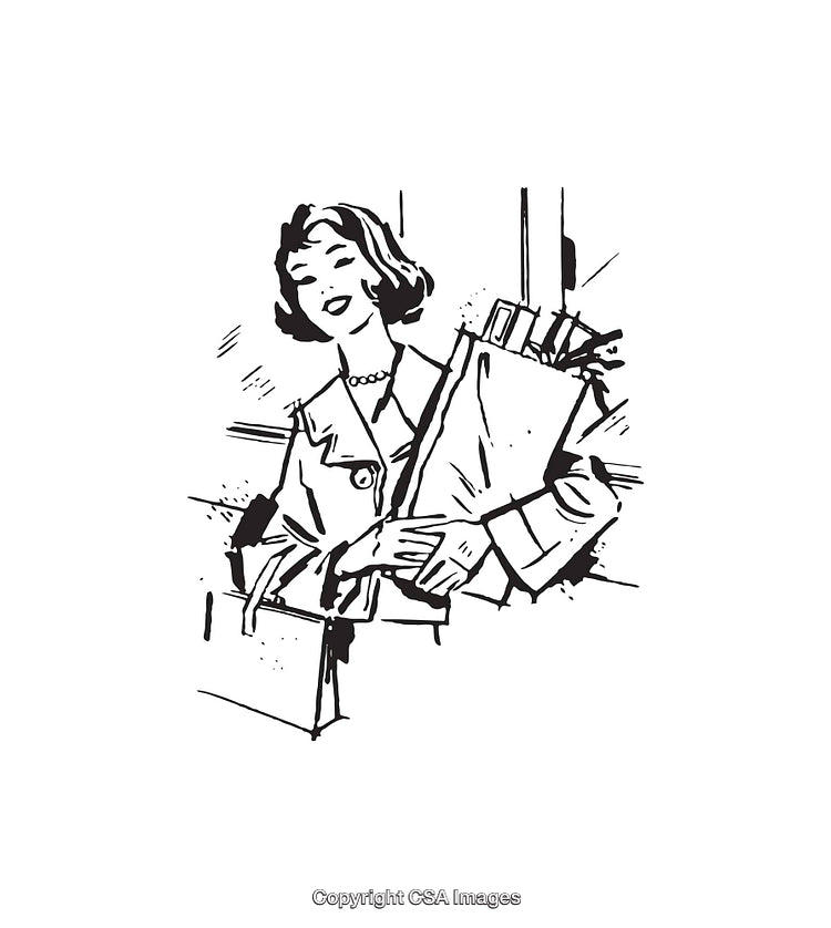 Vintage Black and White Illustration of a Woman Carrying Groceries