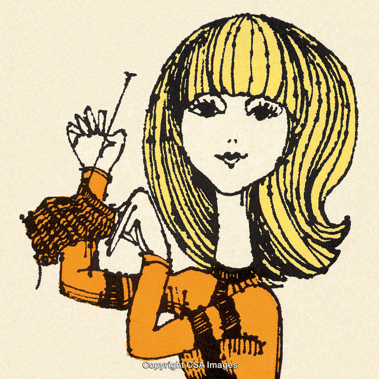 Retro Illustration of a Woman in Orange Sweater Engaging in Knitting
