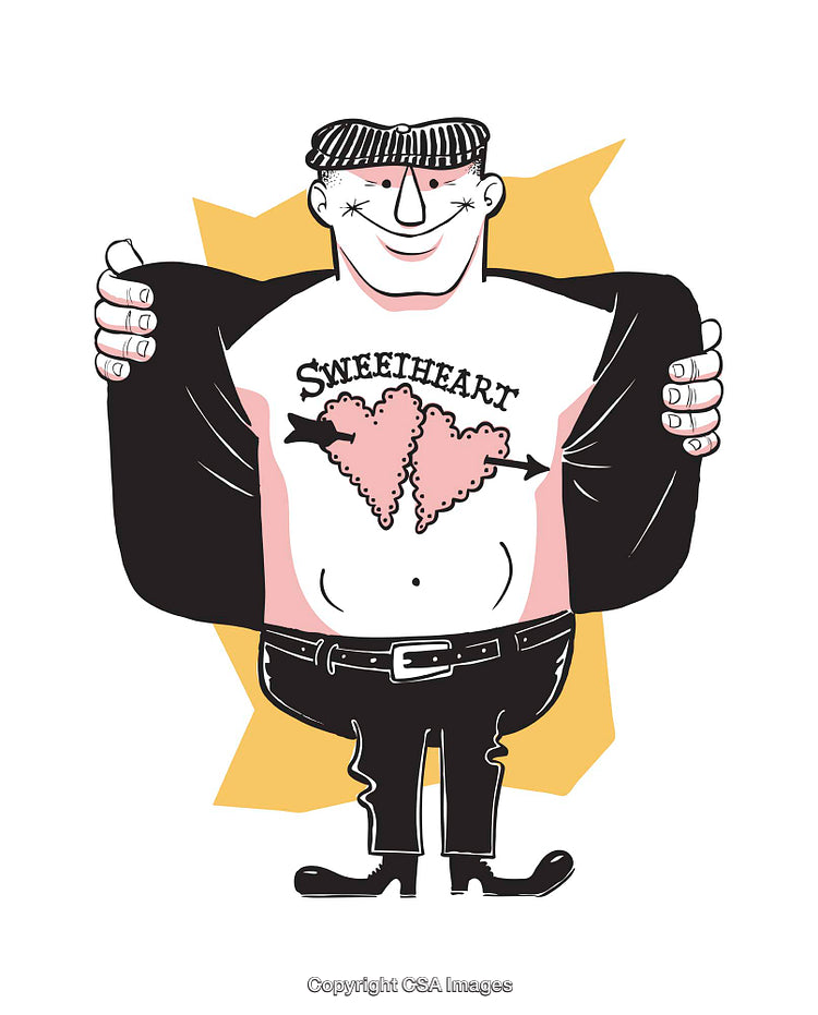 Vintage Cartoon Illustration of a Tough Man Displaying a Heart Tattoo