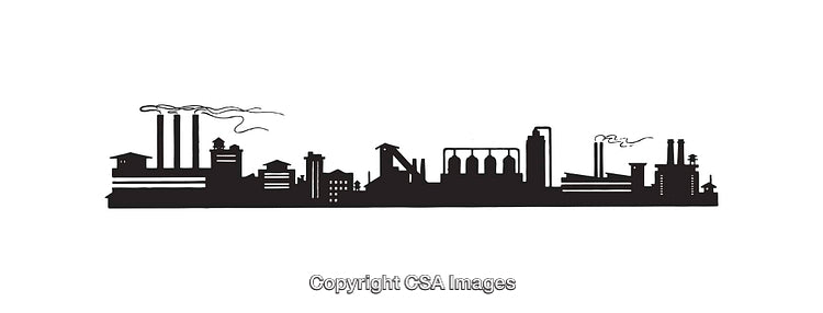Industrial Skyline Illustration in Black and White Silhouette With Factory Elements
