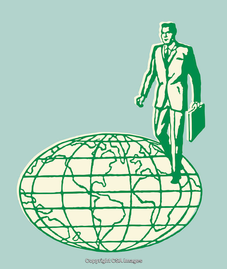 Illustration of Global Businessman Standing on a World Map