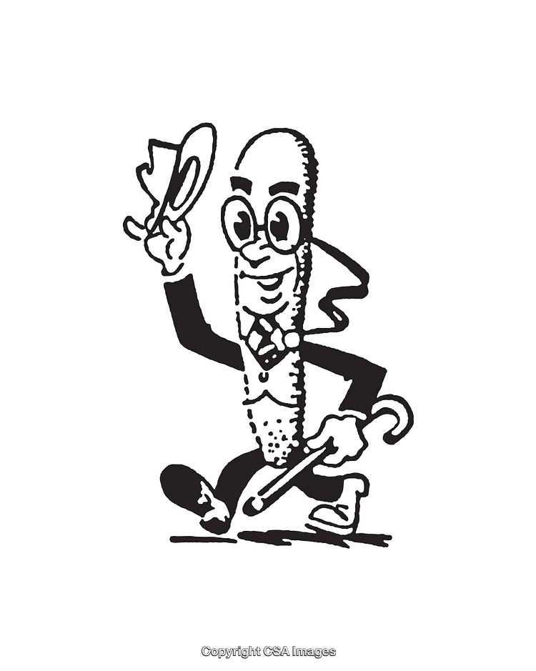 Vintage Black-and-White Illustration of Walking Character With Hat and Cane
