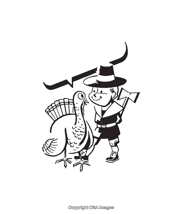 Black and White Illustration of Pilgrim with Turkey and Hatchet