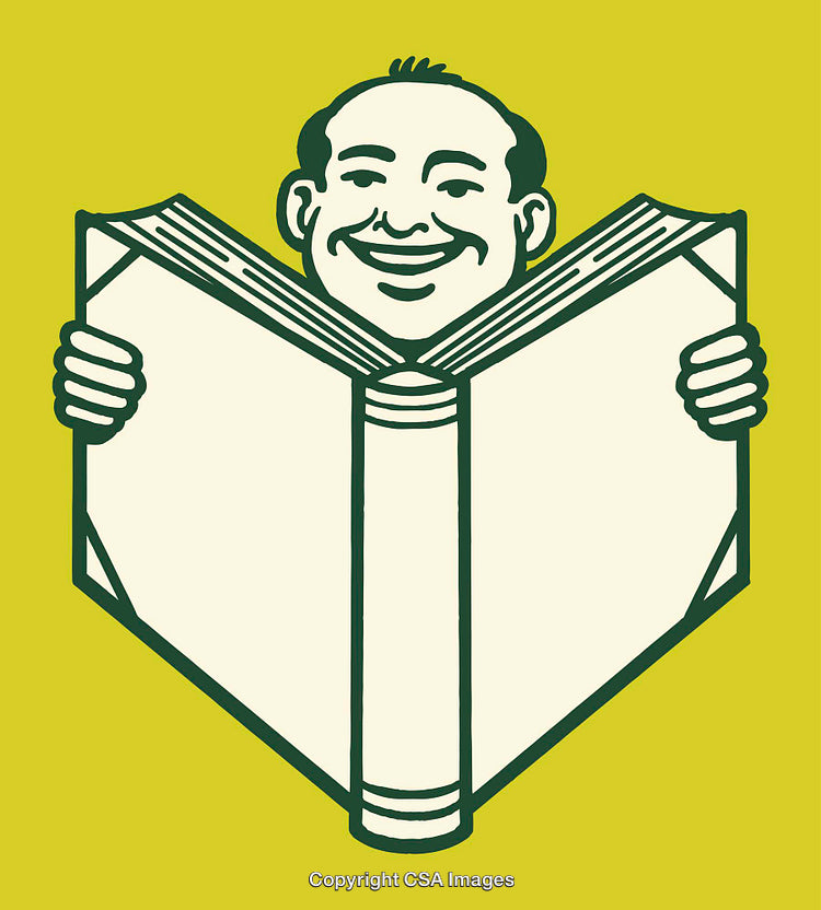 Cheerful Illustration of Man Reading a Book on Yellow Background