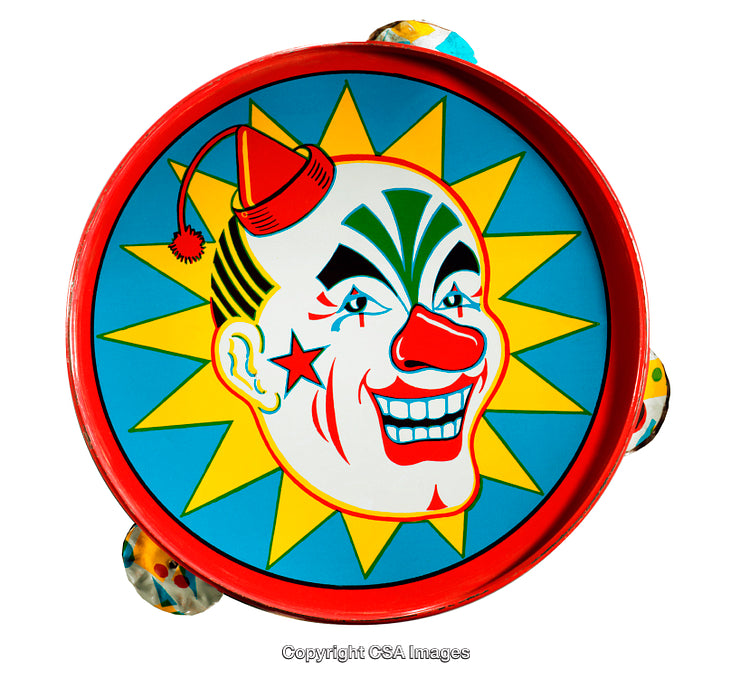 Colorful Clown Illustration on Vintage Tambourine Toy