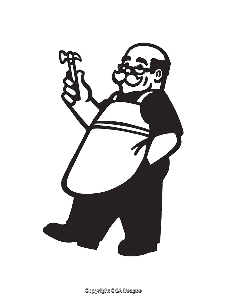 Vintage Black and White Illustration of a Carpenter Holding a Tool
