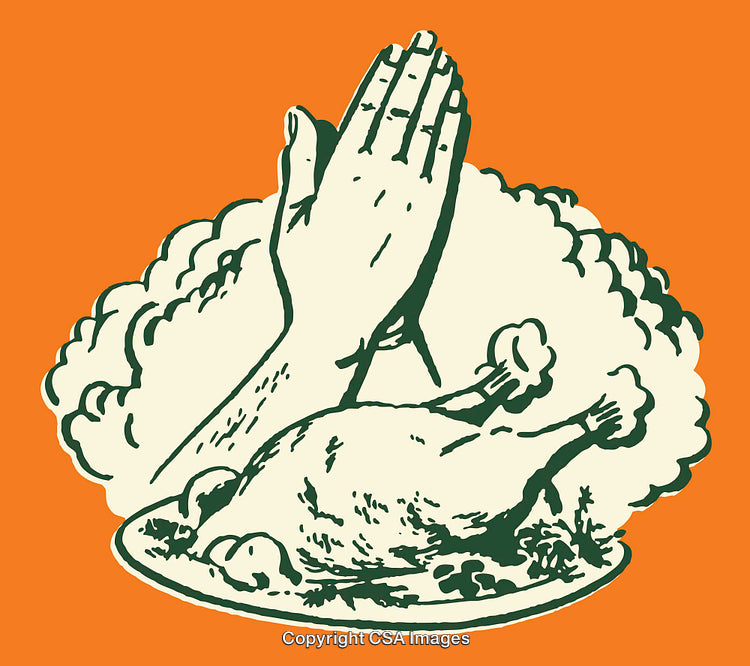 Illustration of Praying Hands and a Roasted Turkey in Retro Style Art