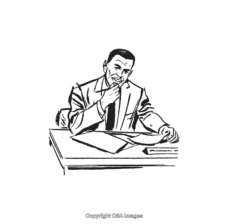Black and White Illustration of a Man at a Desk in Thought