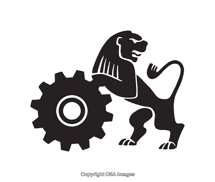 Illustration of Lion with Gear Symbolizing Strength and Mechanized Power