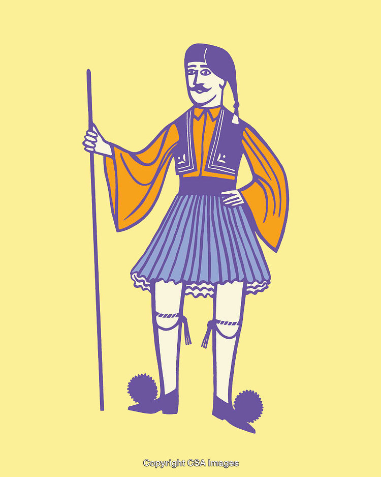 Traditional Greek Attire Illustration with Vibrant Colors and Detailed Design