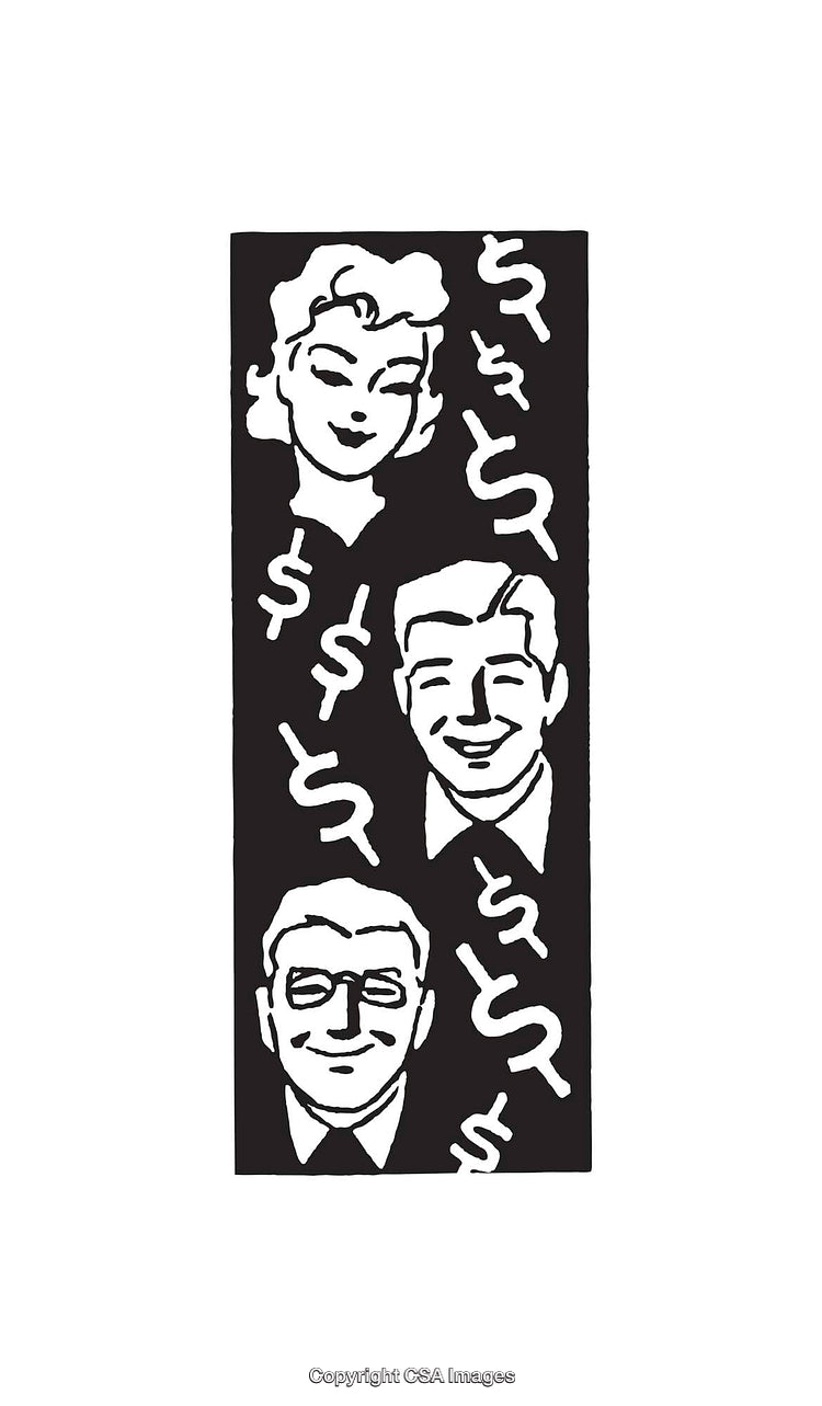 Retro Styled Black and White Illustration with Dollar Symbols and Faces