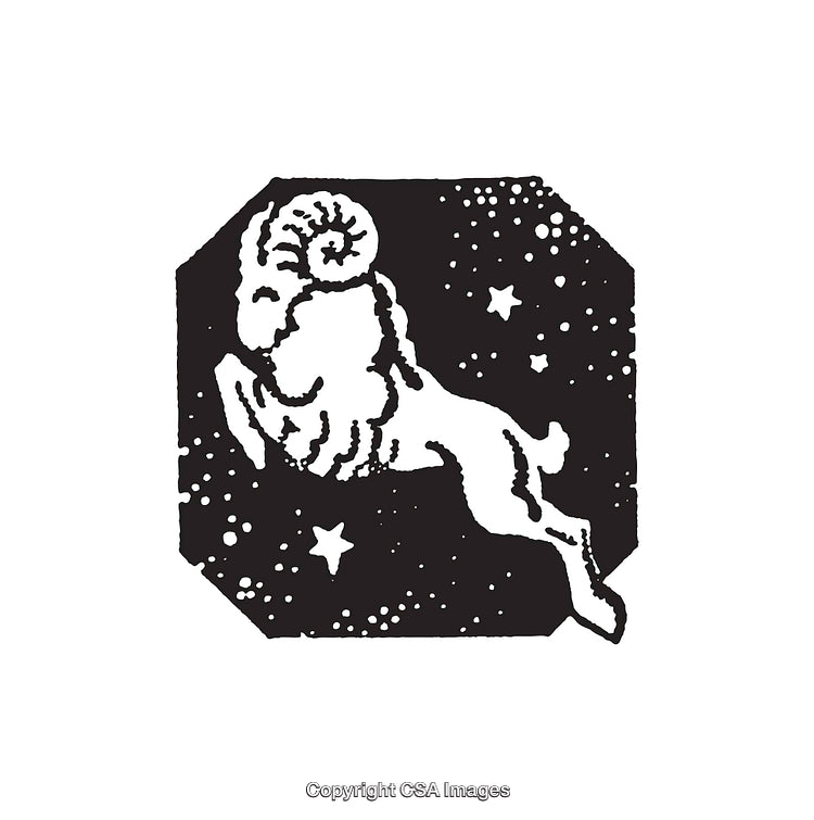 Black and White Zodiac Illustration Featuring Aries Ram Symbol with Stars