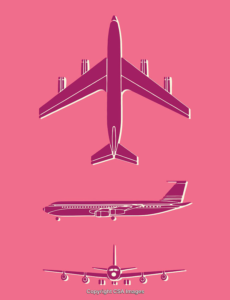 Colorful Illustration of Aircraft with Three Unique Angles on Pink Background