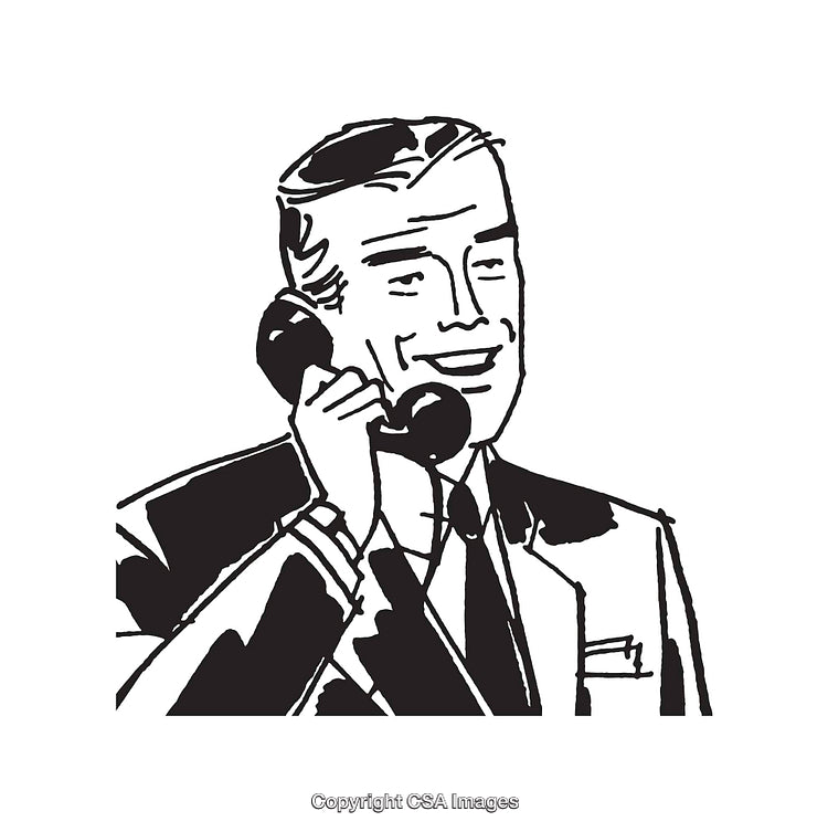 Retro Businessman Talking on Rotary Phone in Black and White Line Art