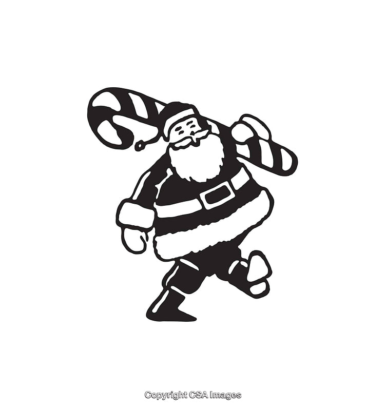 Black and White Line Art of Santa Claus with Candy Cane