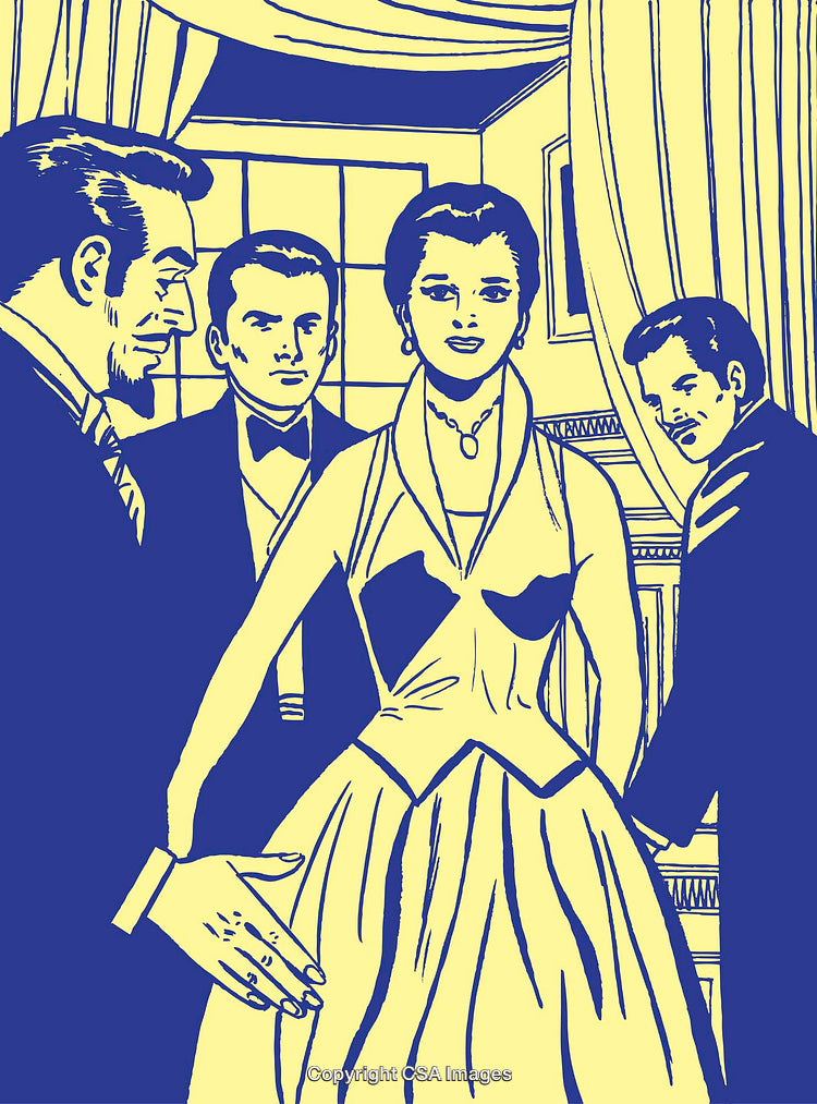 Formal Gathering of Elegantly Dressed Individuals in Retro Art Style
