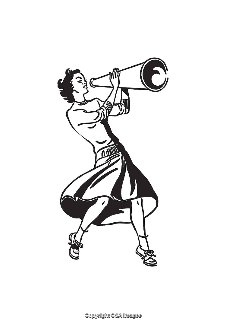 Retro Cheerleader Using Megaphone in Black and White Illustration