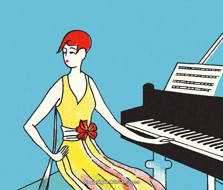 Artistic Illustration of a Woman Playing Piano in a Vibrant Setting