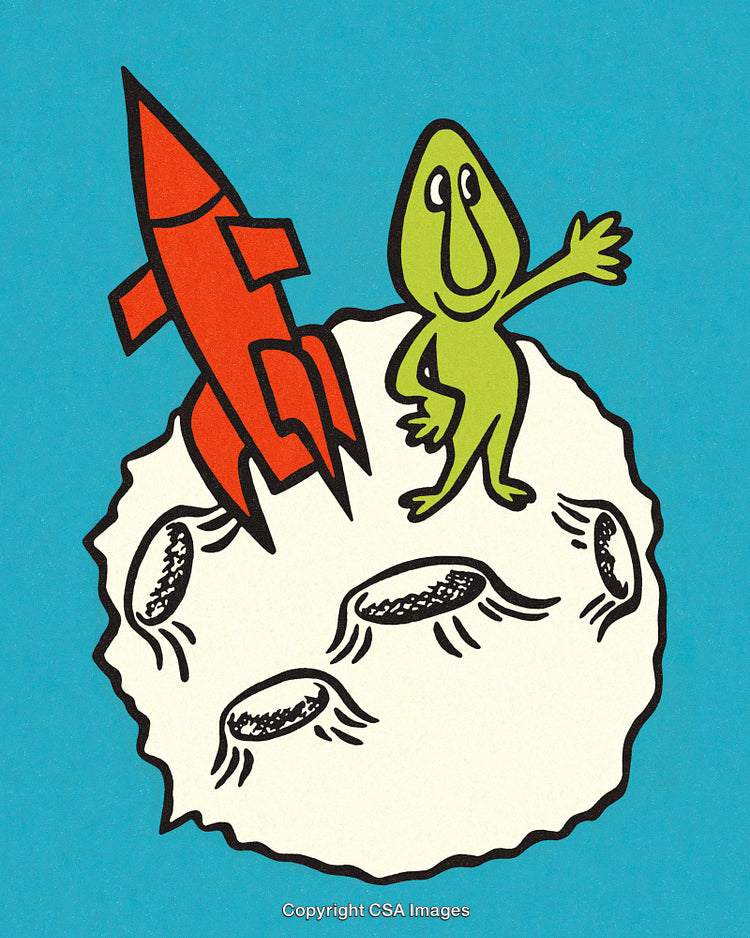 Cartoon Alien and Rocket on a Cratered Planet Surface