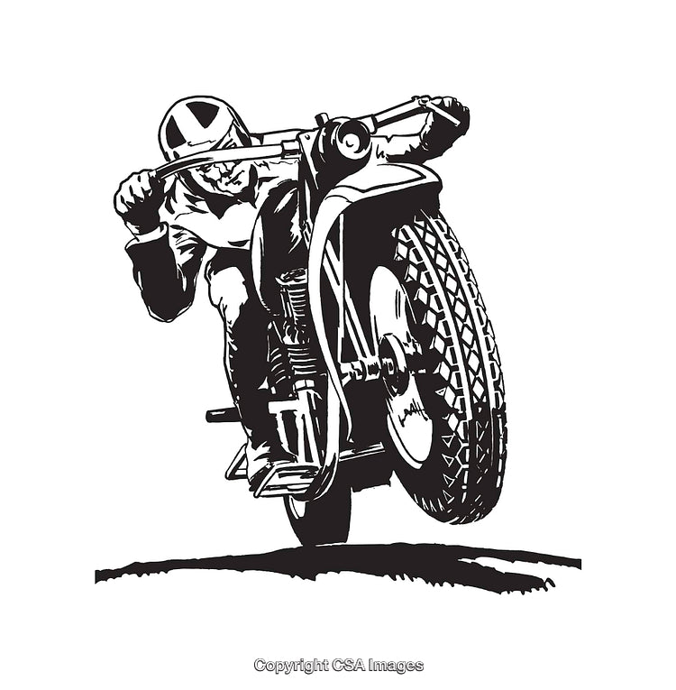 Black and White Illustration of a Motorcyclist Performing a Dynamic Stunt