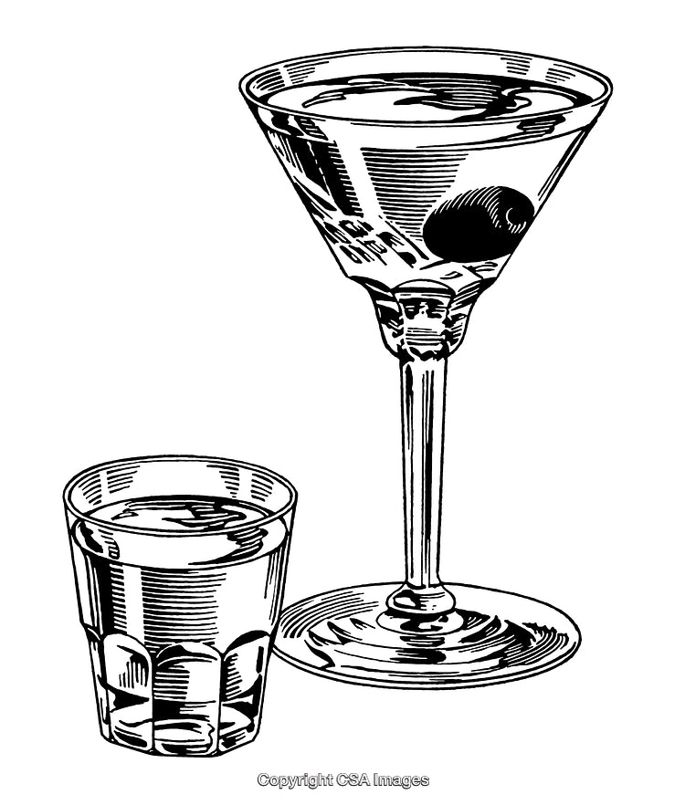Black and White Engraving of Cocktails in Unique Glassware