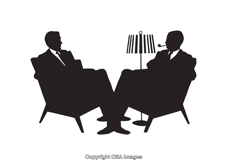 Silhouette Illustration of Men Conversing in Armchairs with a Table Lamp